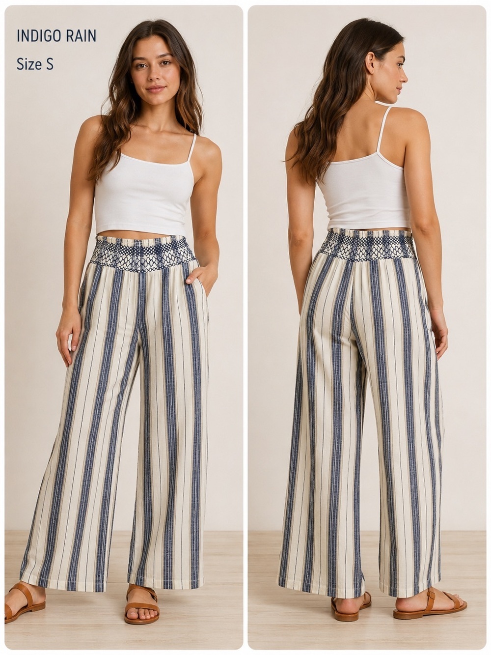 Indigo Rain Linen Blend Striped Wide Leg Pants Size S Boho Coastal